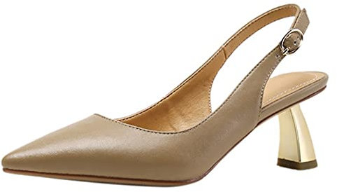Women's Pointed Toe High Heel Summer Closed Toe Kitten Heel Pumps Party Office Leather Slingback Sandals Ladies Stiletto Dress Court Shoes,apricot,38EU