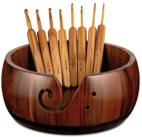 Wooden Yarn Bowl Holder, Craft Knitting Bowl with 8pcs Metal Crochet Hooks, 7.9''Large Yarn Holder Dispenser Yarn Storage Bowls, for Knitters & Crocheters (Brown 7.9 inch)