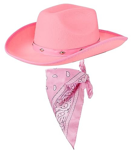 COLOFALLA Cowboy Hut Rosa mit Halstuch Pink Cowgirl Karneval Hut Kostümzubehör Partyhut Partyhalstuch Accessoires Cowboyhut für Karneval Fasching JGA Urlaub Damen (rosa)