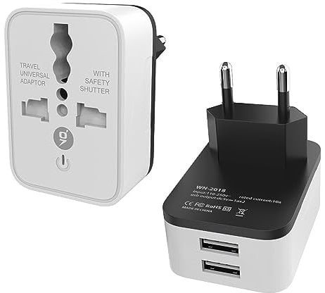 Pipestation UK to European Plug Adapter (2 Pack) | Travel Plugs UK to EU and 2x USB-A Ports | Universal Adapter Plug to Europe Type C, E, F - EU Travel Adapter Plugs with Built-in Safety Shutters