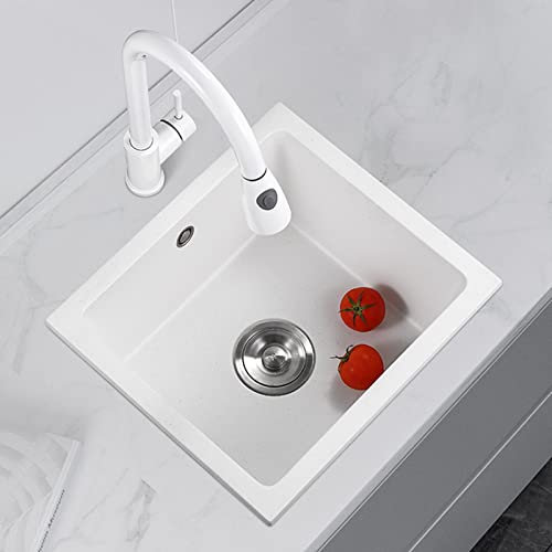 PhIree Fregadero Cuadrado Blanco Fregadero de Piedra de Cuarzo Fregaderos de Cocina Fregadero Bajo Encimera Blanco Incluye Grifo Y Accesorios/White/75X45Cm