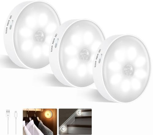 Veilleuse LED Automatique Rechargeable par USB, Lumiere Detecteur de Mouvement Interieur Sans Fil, Blanc Chaud/Blanc Froid, Lampe Adhésive LED pour Escalier, Cuisine, Couloir, Lot de 3