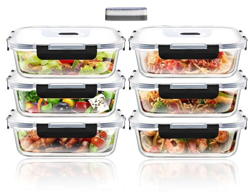 ERUIV Meal Prep Set 6 piezas 370 ml Contenedores de Vidrio Con Tapas a Prueba de Fugas Con Cierre Hermético, Fiambreras Reutilizables Aptas Para Microondas Sin BPA Recipientes