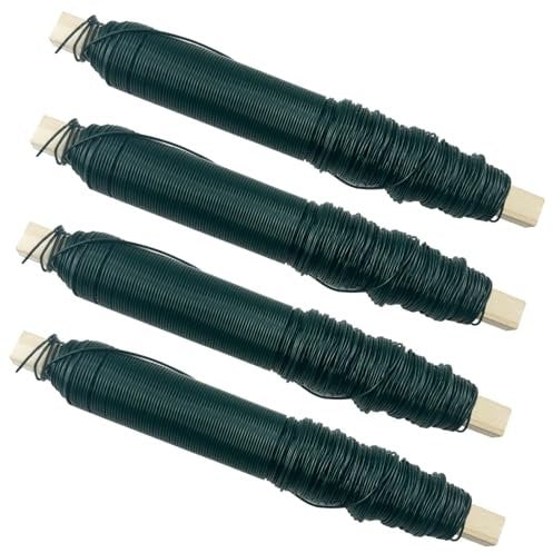 Diompirux Juego de 4 Alambre para Envolver Lacado en Verde, 0,65mm Alambre Enrollado en Bobina de Madera, Cuerda de Jardinería Suave y Elástica, Rollo de Alambre Verde para Manualidades, Decoración,