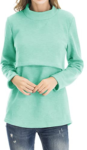 Smallshow Nursing Tops Women’s Winter Long Sleeve Breastfeeding Clothes M Mint Green