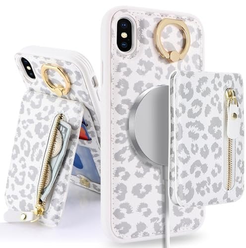 SailorTech Case for iPhone XS - Ring Stand Kickstand Wallet with Card Slots - Detachable 2-in-1 Zipper Case - White Leopard