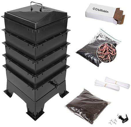 Billiebin | Lombricomposteur 4 Plateaux Kit Complet | 150gr de vers de Compost | Substrat de démarrage + Bloc de Coco + Accessoires | Intérieur, Balcon et Jardin (Noir)