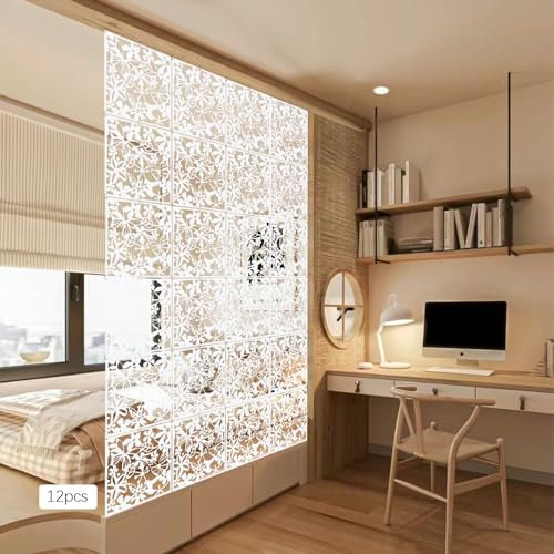 KiwiHood 12 Stück hängende Raumteiler weiße Kunststoff DIY Raumteiler Bildschirm Panel hängende Privatsphäre Schutz Wandteiler für Wohnzimmer Schlafzimmer Hotel Dekoration, 40 x 40cm