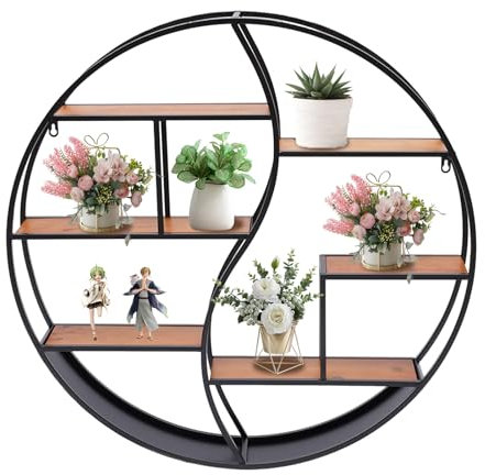 MEHOOSPVN Wandregal Rund Industrial Vintage Wandregal Loft Bücherregal Regal dekorative Ablagefläche, Tragfähigkeit Runde Wand Lagerung Regal hängende Eisen Aufbewahrung Holz Dekoration 80 * 12 * 80cm