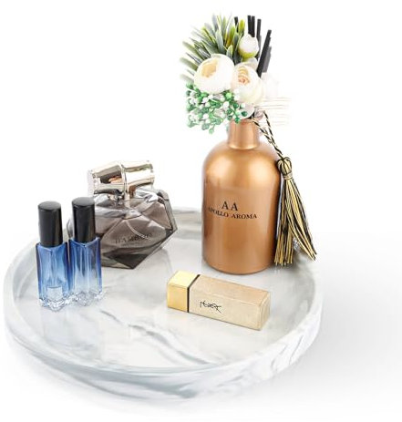 Oungy Vassoio decorativo rotondo, 25 cm, in marmo, bianco, piatto decorativo in ceramica, per piano di lavoro, lavello della cucina, lavabo, bagno