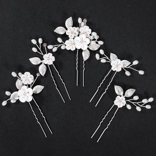 Blumen Perlen Haarschmuck Hochzeit Haarnadeln Silber U-förmig Haarnadeln für Braut Brautjungfer Damen Mädchen 5 Stücke