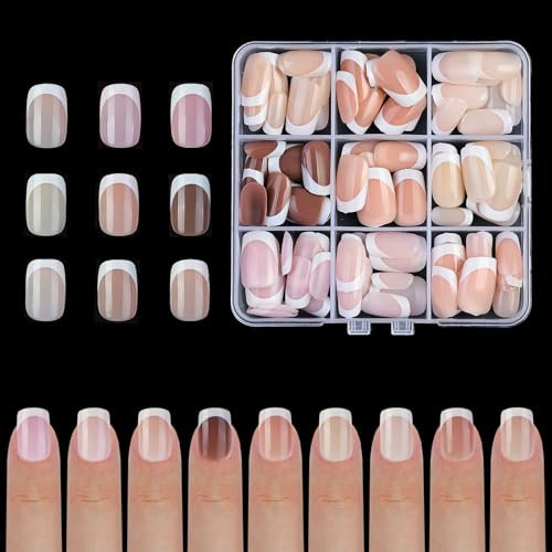 False Nails Kit - 135Pcs False Nails with Glue - 9 Colors Press on Nails - Neutral Colors Nude Pink Fake Nails - Glossy Full Cover Acrylic Nails for Women Girls Nail Art Manicure