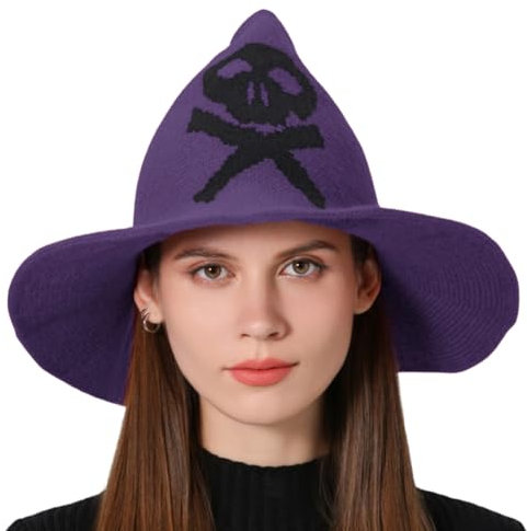 crazy bean Cappello da Mago Halloween Cappello da Strega Halloween Cappelli a Tesa lLarga e Punta Cappelli Costume Accessori Costume Halloween Cosplay Feste in Maschera Teschio Viola