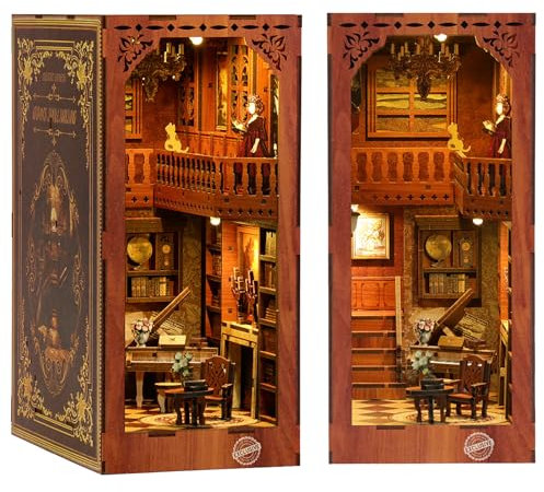 MOJINO Book Nook DIY Kit, Puppenhaus Holz 3D Puzzle Buchstützen aus Holz Magische Welt Miniatur Haus Kit mit Möbeln und LED-Licht Miniatur Kit Für Erwachsene Teens (Märchenhafte Hütte)
