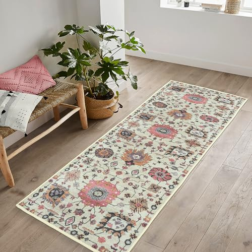artyrugs Tapis Lavable en Machine, 80x150cm, 75% Coton Recyclé, Poils Courts, Dos Antidérapant, Ne Perd Pas Ses Fibres, Tapis pour Salon, Chambre, Cuisine, Couloir, Bureau, Ivoire & Rose