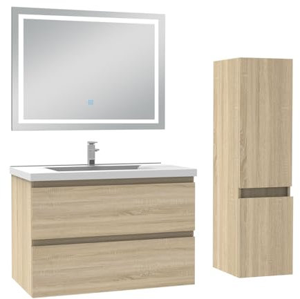 AICA Ensemble Meuble Salle de Bain 80cm Simple Vasque avec Colonne et Miroir 3 Couleurs Chêne Wotan