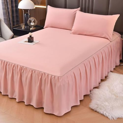 Homxi Bettrock Rüschen,(180 x 200 cm),Bettwäsche mit Elastisch Einfarbig Spannbetttücher mit Rosa