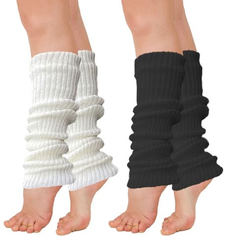 AWAVM 2 Pairs Leg Warmers, 40cm Winter Knit Ribbed Leg Warmers for Women Girls Yoga Ballet Dance Ice Skating Accessories, Black And White