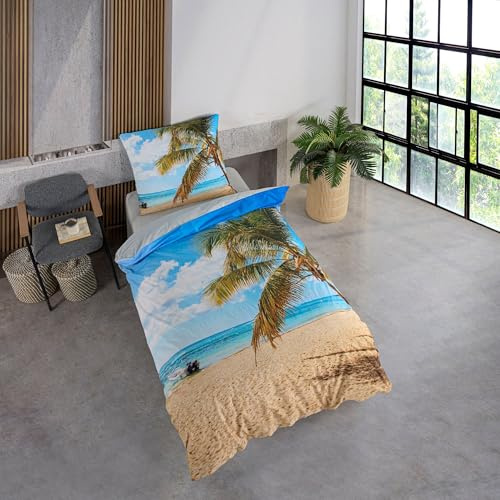 KK SHOPPING Versandhandel Klaus Kolodzie Bettwäsche Set mit Strand und Palmen 135 x 200 cm 100% Baumwolle