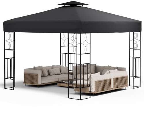 The Fellie 3Mx3M Gazebos with 2-Tire Roof, Large Outdoor Garden Gazebos, Heavy Duty Metal Gazebos for Garden, Patio, Party, Camping, Waterproof, without Curtains, 300x300x270 cm, Dark Grey
