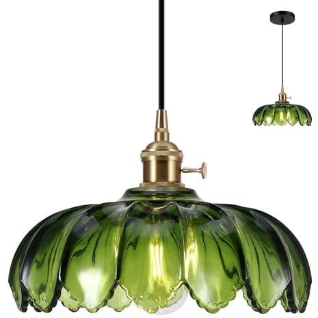 Vintage Pendant Light Shade, Green Glass Pendant Light Shade,E27 Hanging Ceiling Lights, Crystals Pendant Lights for Kitchen Island Bedroom Hallway Study Room Coffee Bar(Bulb not Included) (Green)