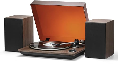 GLENCREAG Giradischi in vinile con cartuccia AT-3600L e altoparlanti da 60 W, giradischi a cinghia a 2 velocità, preamplificatore fono integrato, ingresso uscita Bluetooth e ingresso AUX, arresto