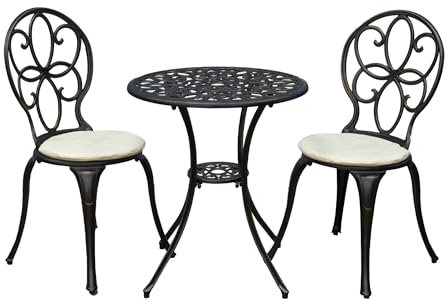 Signature Homes and Gardens SH&G Rayleigh 2 Seat Bistro Set | 3 Piece Round Table & Chairs | Antique Bronze Aluminium with Cream Cushions | Indoor & Outdoor
