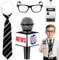 BTHRORO Kids News Reporter Costume Props Set, Journalist Accessories with Prop Microphone Press Pass Pre Tied Necktie Black Fake Glasses for Halloween Cosplay Career Day Party