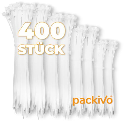 Juego de 400 bridas blancas de 100/150/200/300 mm, 100 unidades cada una, surtido de nailon, varios tamaños, muy duraderas para gestión de cables, jardinería, vivienda, talleres, coche