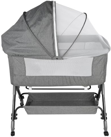 OHMG Beistellbett,Babybett,Babywiege,3 in 1 Babybett Babywiege für Neugeborene,Schaukelbettchen für Zuhause und Unterwegs mit Rädern verstellbare 6 Höhen (Grau（104X52X103-115cm）)