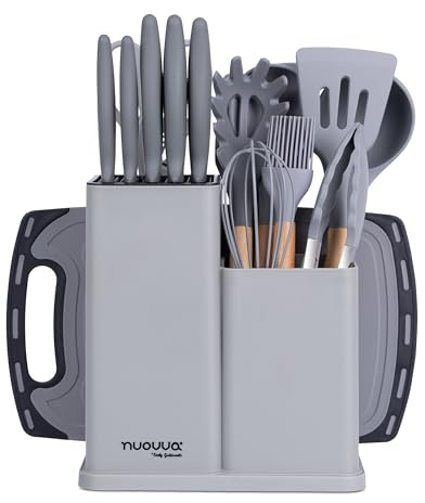 Cooking Utensils Set with Chopping Board – Knife Set with Block – Heat Resistant Silicone Utensils with Wooden Handle, Spoons, Ladles & Spatula – Kitchen Tools & Accessories – 17pcs, Grey – by Nuovva