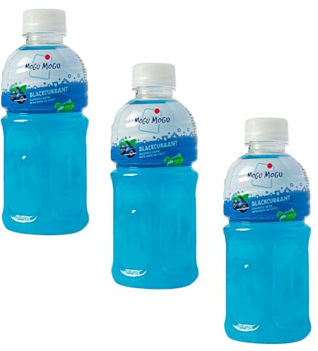 Mogu Mogu Bebida Asiática Sabor Grosella Negra con Jelly de Nata de Coco 320 ml Pack 3 Botellas Refresco Tropical con Trocitos Masticables
