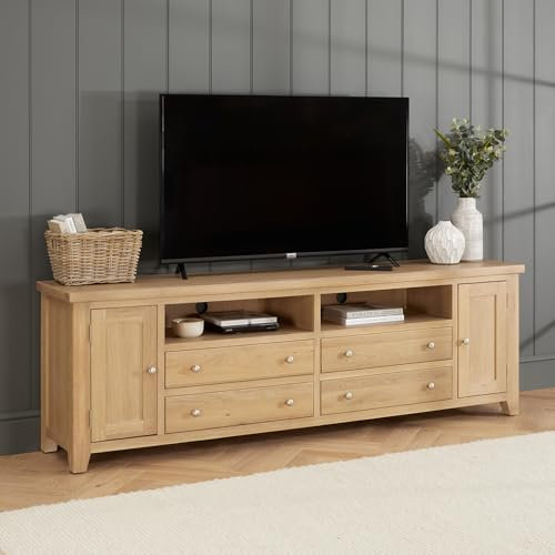 The Furniture Market Cheshire Whitewash Oak XXL Widescreen TV Unit for TVs up to 100 Inch | Solid Oak Media Console with Drawers and Adjustable Shelves | Fully Assembled | H 700 x W 2200 x D 435mm