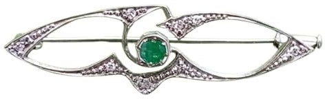 I Brosche I Design Jugendstil I Echt 585 Weissgold mit 8 Echten Diamanten + 1 Echter Smaragd I