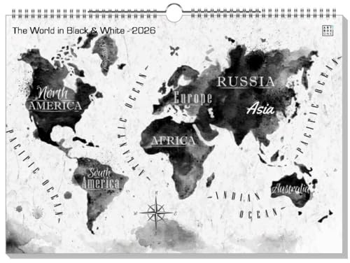 artboxONE Kalender 2026 The World in Black & White Wandkalender A3 2026 Kartografie