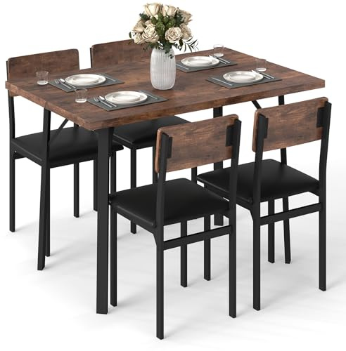 COSTWAY 5 TLG. Essgruppe, Esstisch mit 4 Stühlen, Küchentisch & Esszimmerstühlen aus Kunstleder, Esszimmergruppe für 4 Personen, Sitzgruppe für Küche, Esszimmer, Vintage