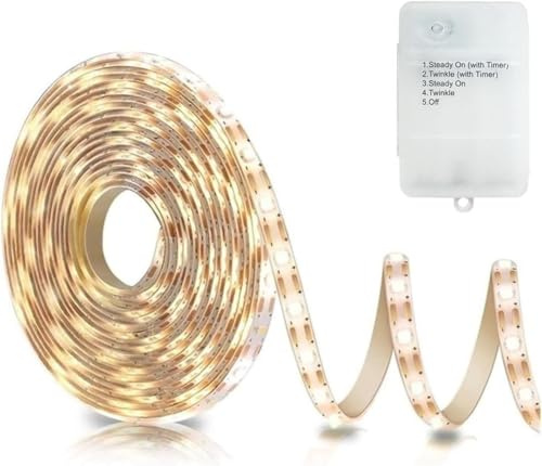 ZAIYW 3 Meter LED Strip Lights Battery Powered with Timer 5 Modes | 90 LED Light Strip Waterproof, Self-Adhesive Cuttable LED Lights for Kitchen Bedroom Cabinet Decor (Warm White)