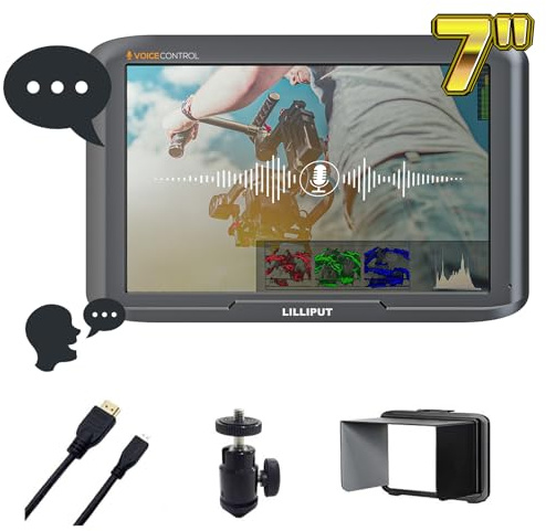 LILLIPUT V7 monitor fotocamera 7 pollici, monitor video campo 1920 x 1200, 3D LUT, controllo vocale, HDR, 4K 60Hz, HDMI 2.0, visualizzazione forma d'onda, piastra batteria NP-F, colore nero, con