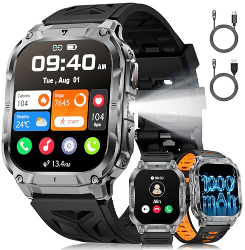 Militär Smartwatch Herren, 2,0-Zoll-HD-Display mit Telefonfunktion, LED-Taschenlampe/1000-mAh-Akku, 2 Ladekabel, 100+ Sportmodi Fitness-Tracker IP68 Kompatibel mit Android und iOS, Schwarz-Silikon