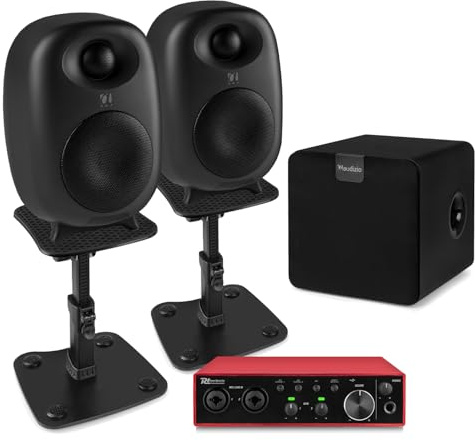 Audizio RS60 2.1 Studio Monitor Speaker Package with Active Subwoofer, PDX22 USB Audio Interface, Desk Stands & Stereo Linking Cable – Complete Home Studio and Gaming System
