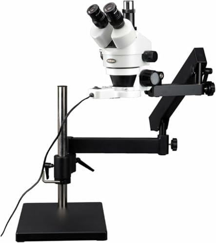 AmScope SM-7TX-FRL Professional Trinocular Stereo Zoom Microscope, WH10x Eyepieces, 3.5X-45X Magnification, 0.7X-4.5X Zoom Objective, 8W Fluorescent Ring Light, Articulating-Arm Boom Stand, 110V-120V, Includes 0.5x Barlow Lens