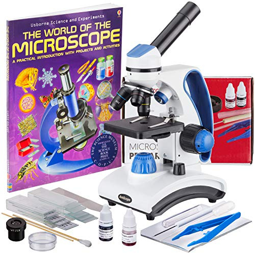 AmScope - Deluxe Student Microscope Set - 40X-1000X Dual Light, Glass Lens, Metal Frame Compound Microscope + Slides + Specimen Preparation Kit + Book - M162C-2L-WM-SP14