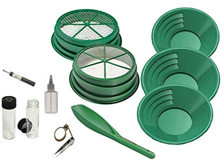 11 PC prospecting-mining-panning kit- 2- Classifiers oro 3 padelle, + more.