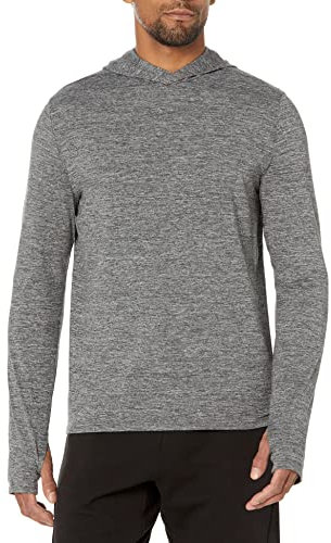 Amazon Essentials Men's Tech Stretch Long-Sleeve Hooded T-Shirt, Grey Space Dye, Large