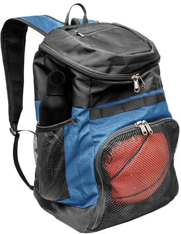 Xelfly Basketball-Rucksack mit Ballfach - Sportausrüstung Tasche für Fußball, Volleyball, Fitnessstudio, Outdoor, Reisen, Schule, Team 2 Flaschentaschen, inklusive Wäsche- oder Schuhbeutel 25L (Blau)