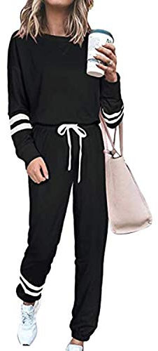 BUOYDM Tuta Donna Due Pezzi Sportive Completa Set Pullover + Pantaloni Casual Pigiama Casa Tempo Libero Yoga Sportswear, Nero L