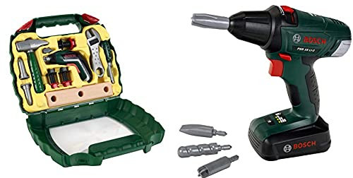 Theo Klein 8394 Bosch Ixolino Koffer I Mit Hammer, Schraubenschlüssel und vielem mehr I Maße: 26,6 x32x8,8 cm & 8567 Bosch Akkuschrauber I Batteriebetriebener Bohrer/Schrauber, Maße: 20x6,5x19 cm