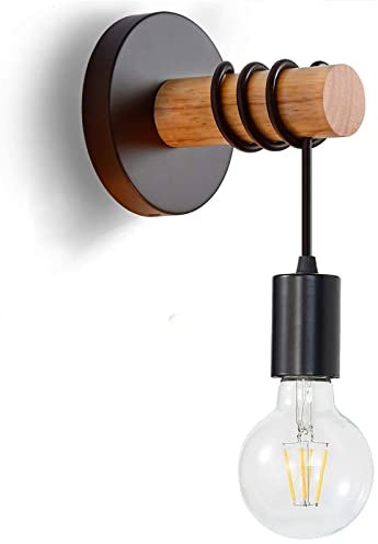 HTRUIYATY Industrial Holz Wandleuchte Innen E27 Vintage Wandlampe aus Eisen und Holz für Treppenhaus Flur Cafe Bar Restaurant Schwarz (Ohne Leuchtmittel)