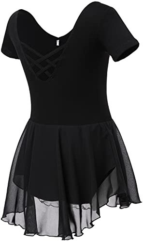 Soudittur Ballettkleidung Mädchen Ballettkleid für Kinder Baumwolle Balletttrikot Kurzarm Ballettanzug Tanzkleid Tanzbody mit Chiffon Rock Tütü(140,Schwarz)