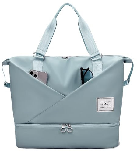 FIORETTO Women's Travel Duffle with Laptop Compartment, Water Resistant Gym Weekend Overnight Bag, Holdall with Separated Shoes Compartment & Wet Pocket - Sky Blue